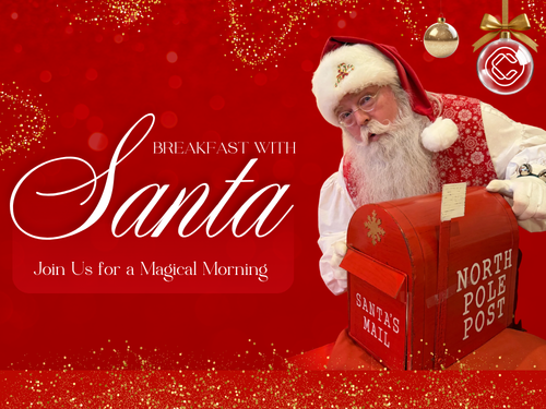 Santa Claus stands next to a red North Pole Post mailbox on a red background with white text.