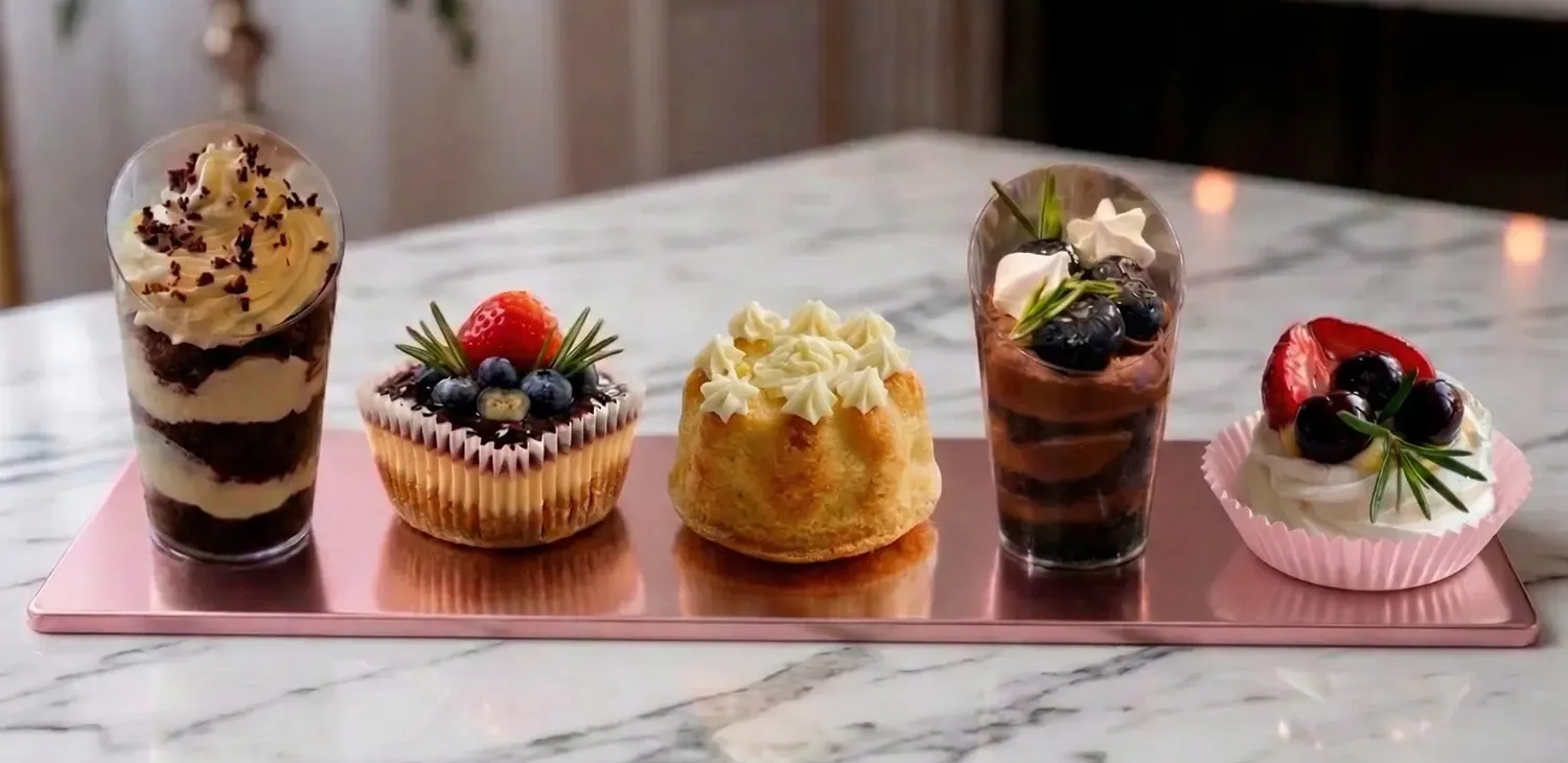 variety of colorful and delicious pastries displayed on a marble tabletop